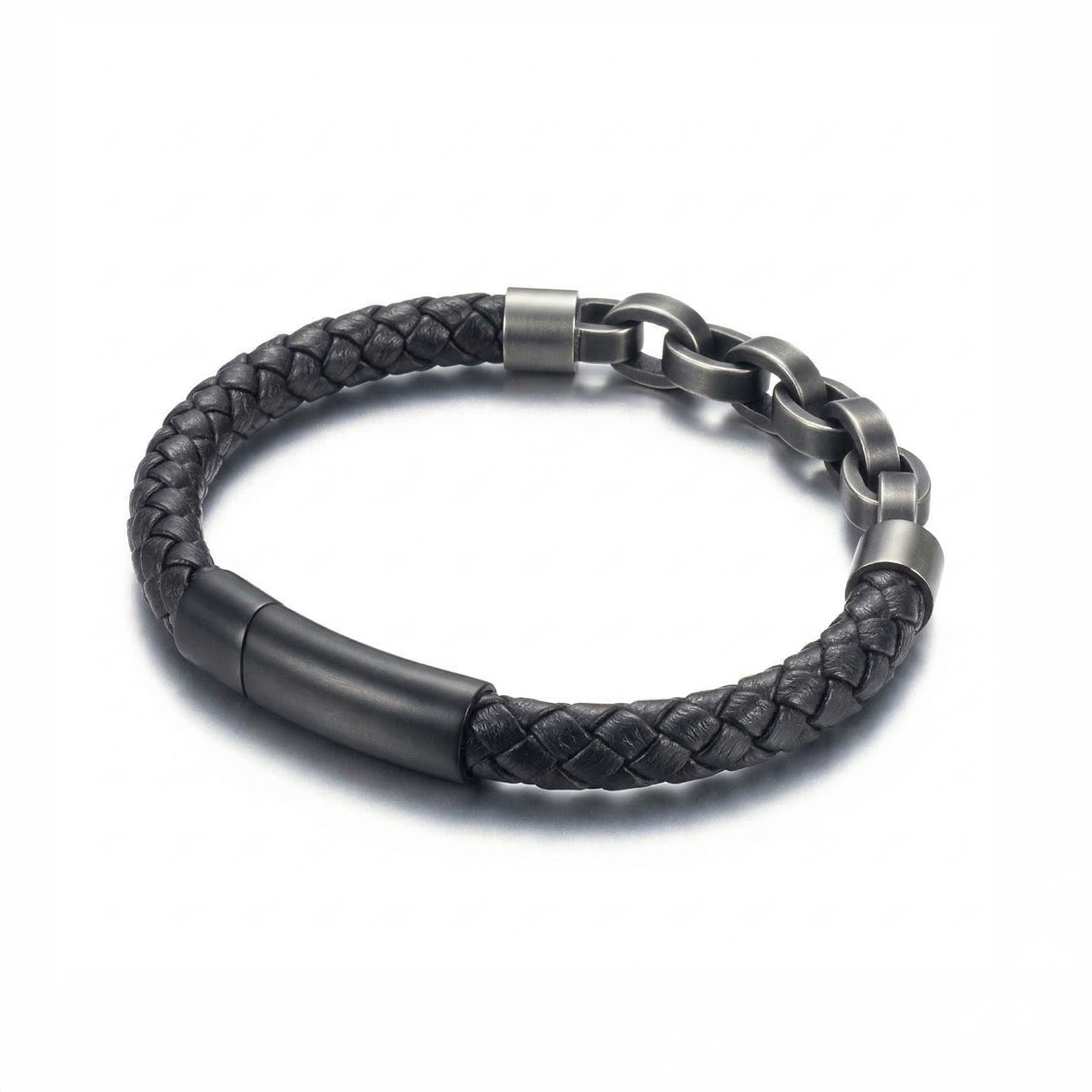 Pulseira de Couro e Correntes em Aço Inoxidável