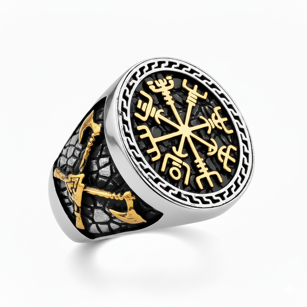 Anel Runa Vegvisir em Aço Inoxidável