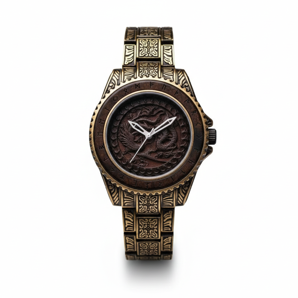 Relógio Dragão de Madeira em Aço Inoxidável