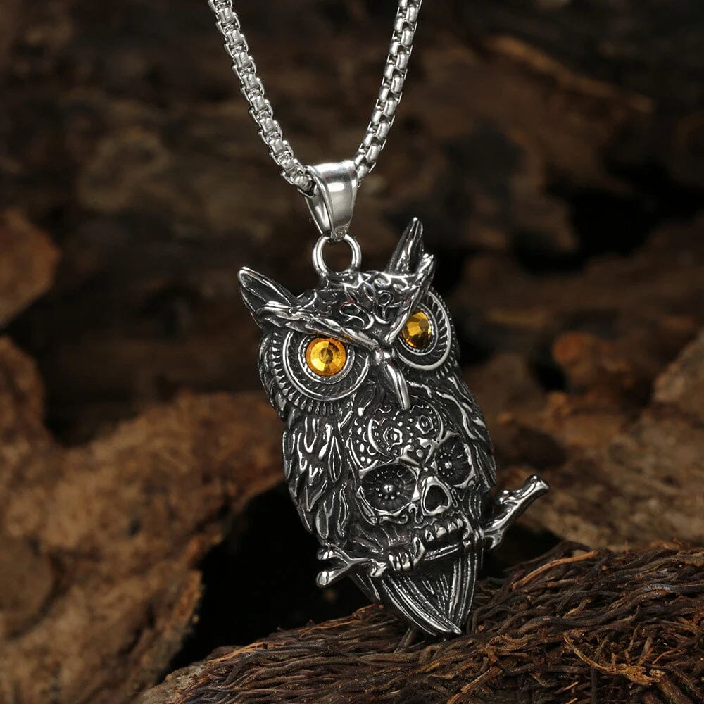 Ancient Owl - Colar de Coruja com Caveira em Aço inoxidável Necklace Tesouros Vikings