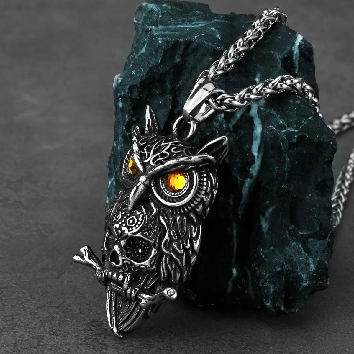 Ancient Owl - Colar de Coruja com Caveira em Aço inoxidável Necklace Tesouros Vikings