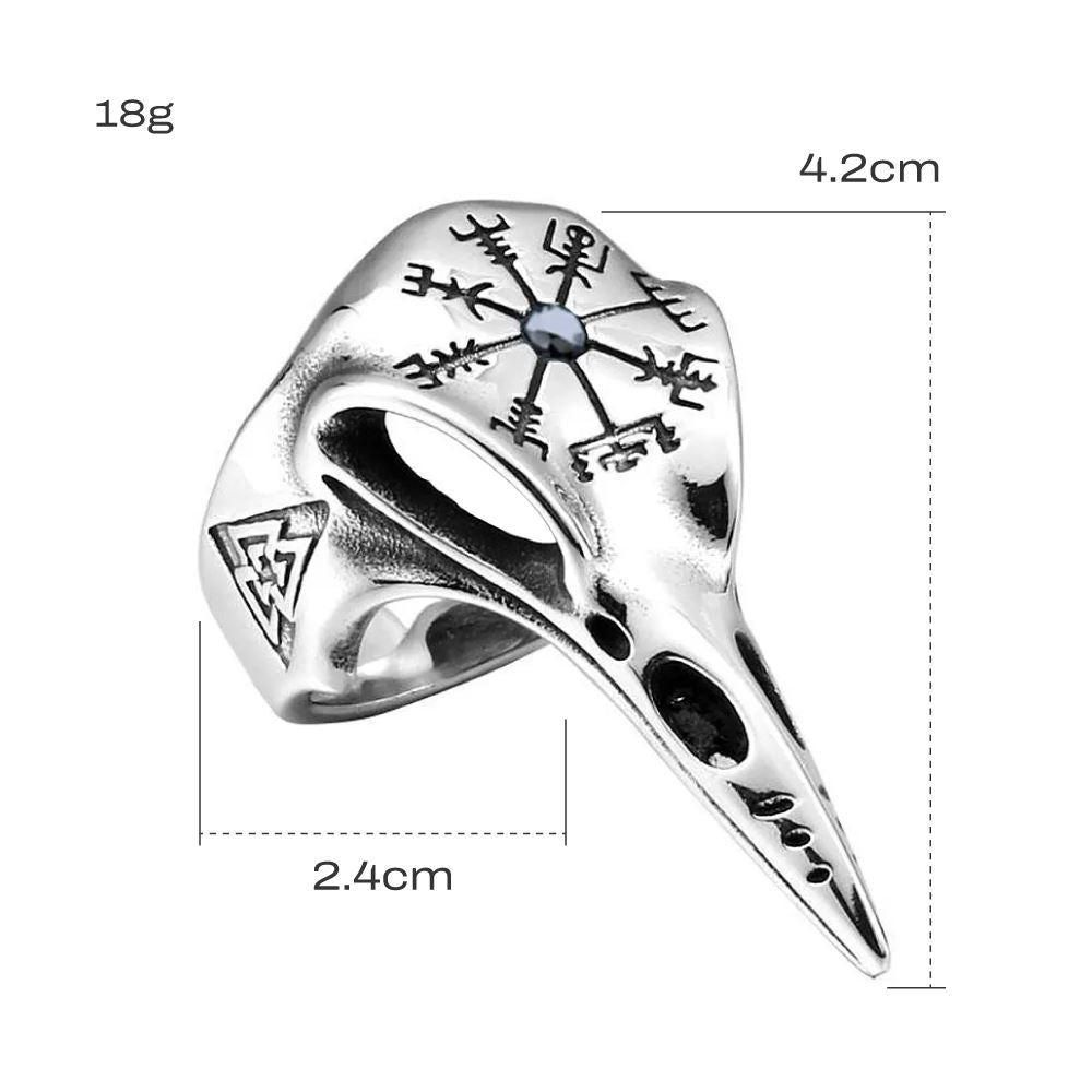Anel de Corvo com Runa Vegvisir em Aço inoxidável Ring Tesouros Vikings