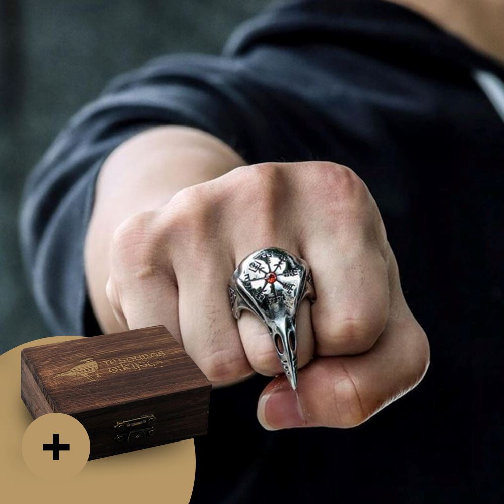 Anel de Corvo com Runa Vegvisir em Aço inoxidável Ring Tesouros Vikings