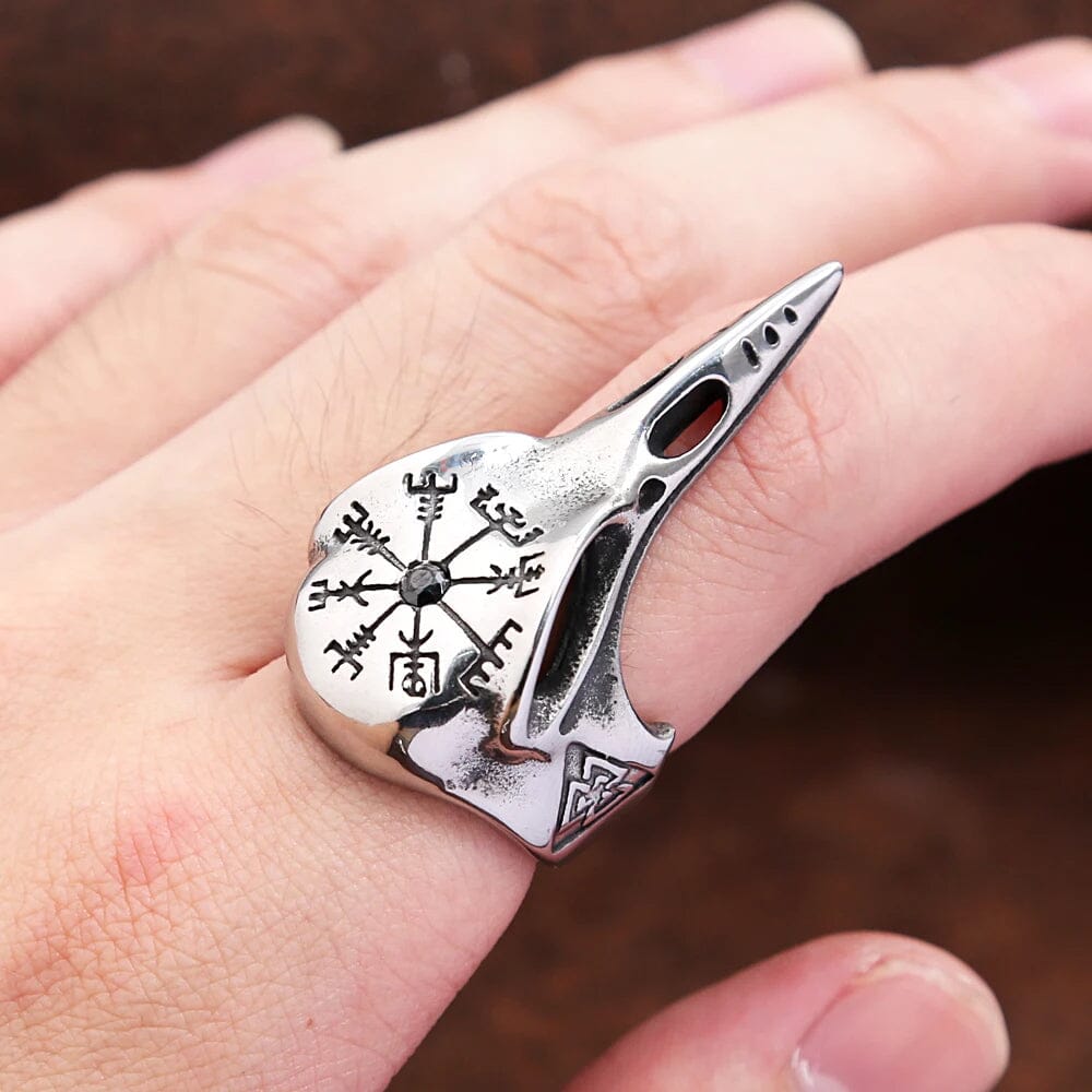 Anel de Corvo com Runa Vegvisir em Aço inoxidável Ring Tesouros Vikings
