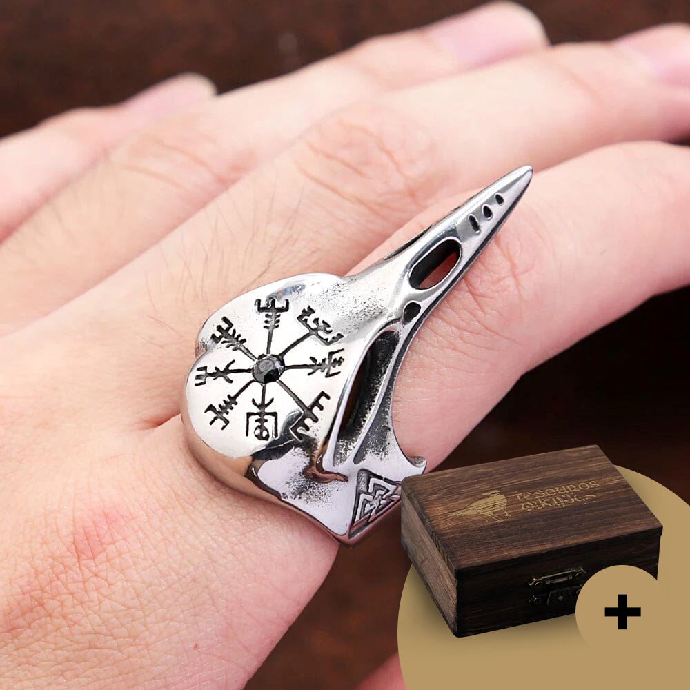 Anel de Corvo com Runa Vegvisir em Aço inoxidável Ring Tesouros Vikings