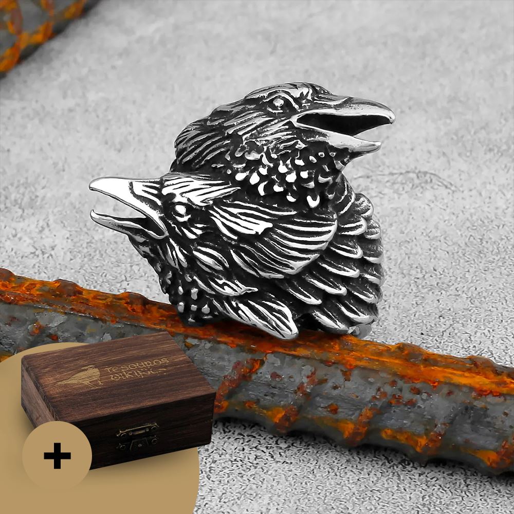 Anel de Corvo - Hugnning e Muninn em Aço Inoxidável Anel Tesouros Vikings