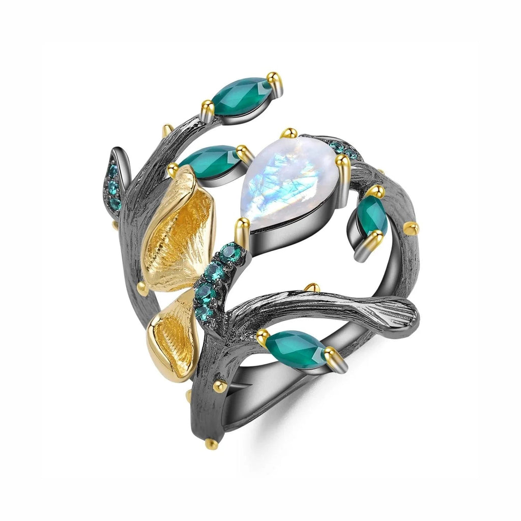 Anel Freya Leafs em Prata 925 com Pedra da Lua e Zircônias