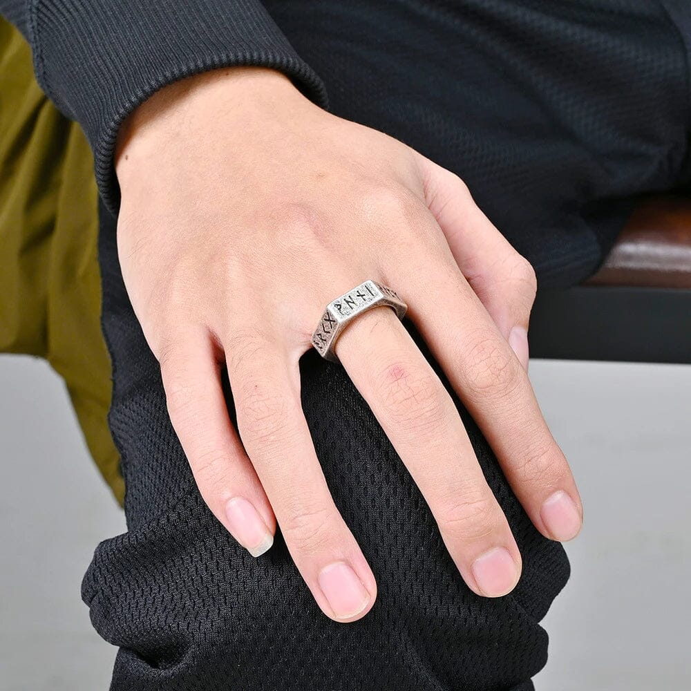 Anel Runas Nórdicas Hexagonal em Aço Inoxidável Ring Tesouros Vikings