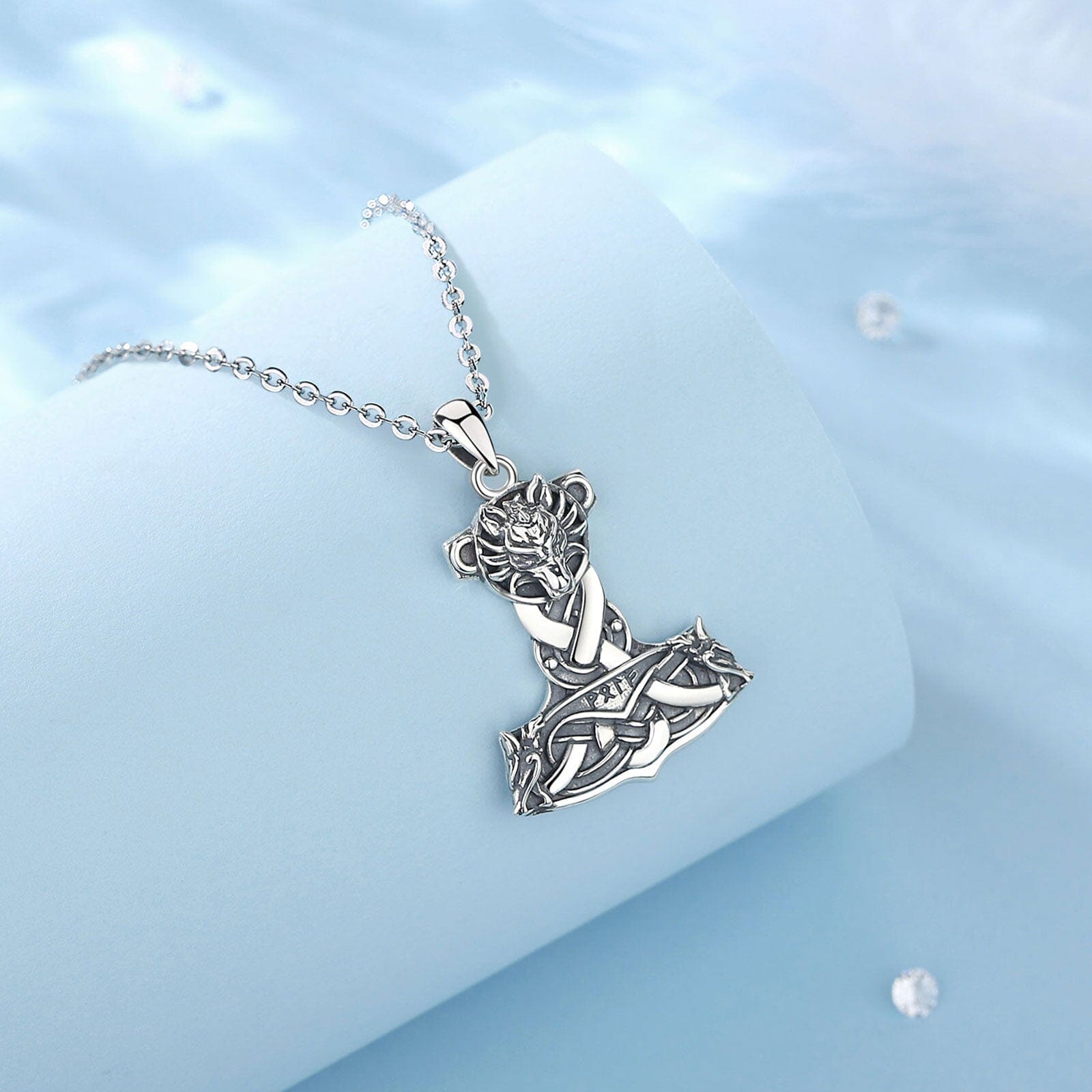 Colar Lobo com Mjolnir em Prata 925 Necklace Tesouros Vikings