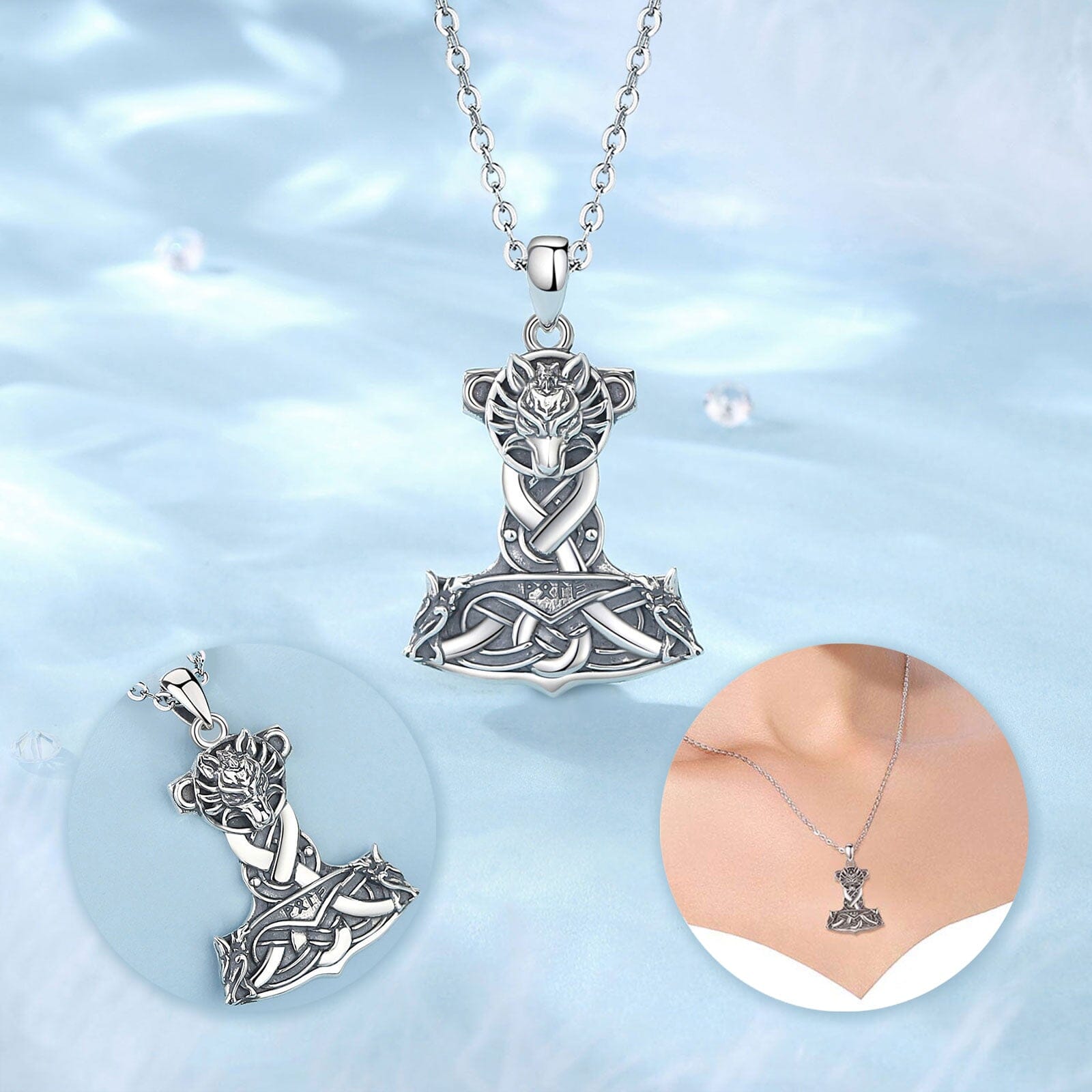 Colar Lobo com Mjolnir em Prata 925 Necklace Tesouros Vikings