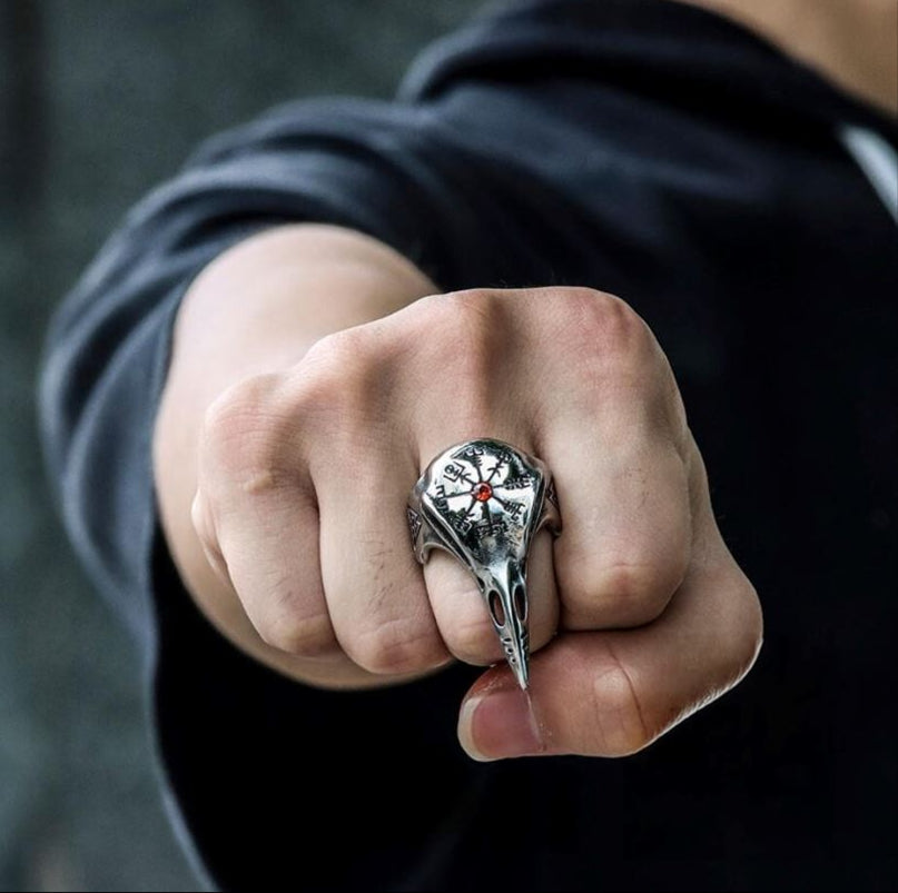 HUGNINN - Anel de Corvo com Runa Vegvisir em Aço inoxidável Ring Tesouros Vikings