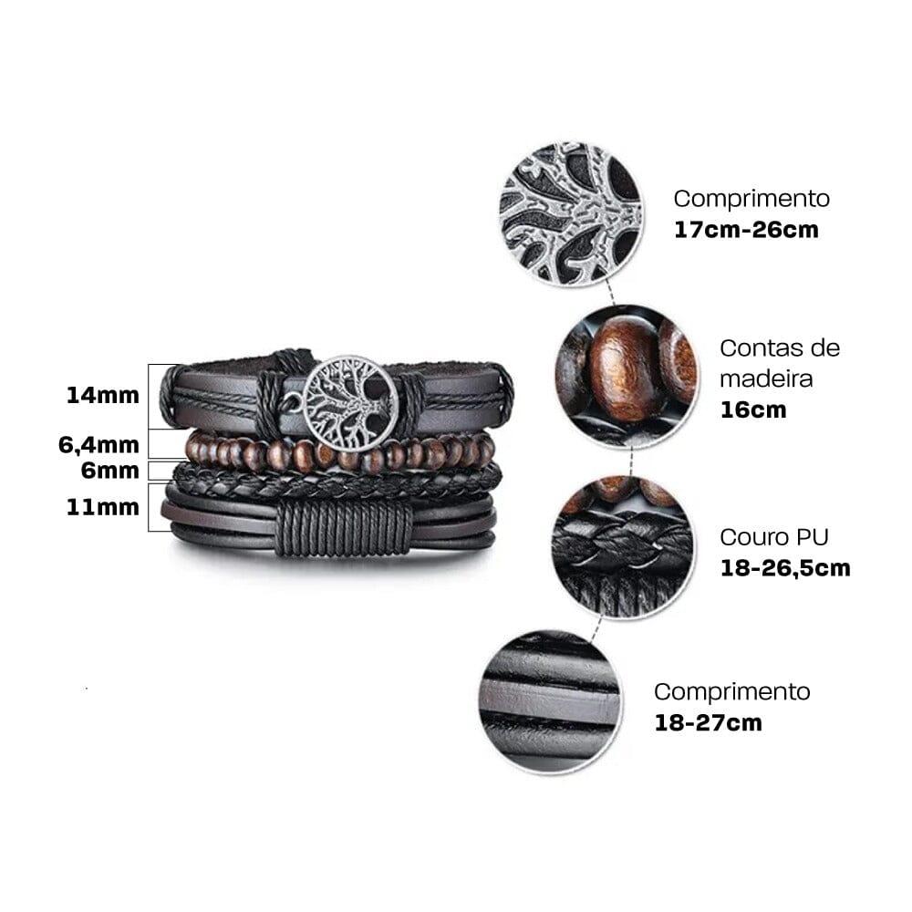 Kit de Pulseiras em Couro - 4 Peças Ajustável Bracelet Tesouros Vikings