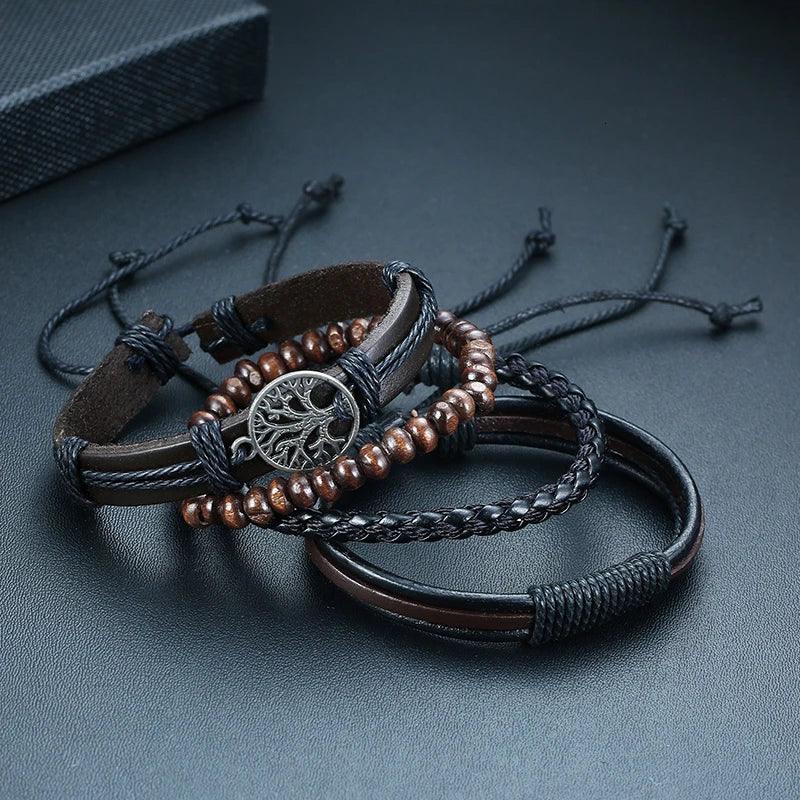 Kit de Pulseiras em Couro - 4 Peças Ajustável Bracelet Tesouros Vikings