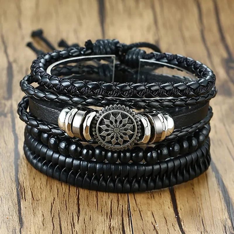 Kit de Pulseiras em Couro - 4 Peças Ajustável Bracelet Tesouros Vikings