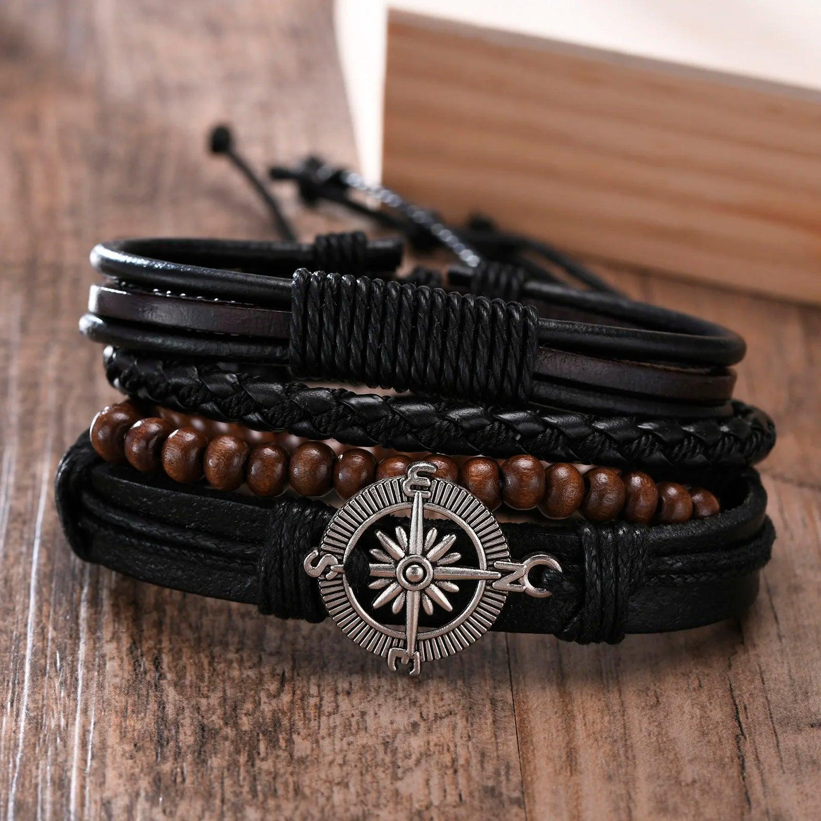 Kit de Pulseiras em Couro - 4 Peças Ajustável Bracelet Tesouros Vikings