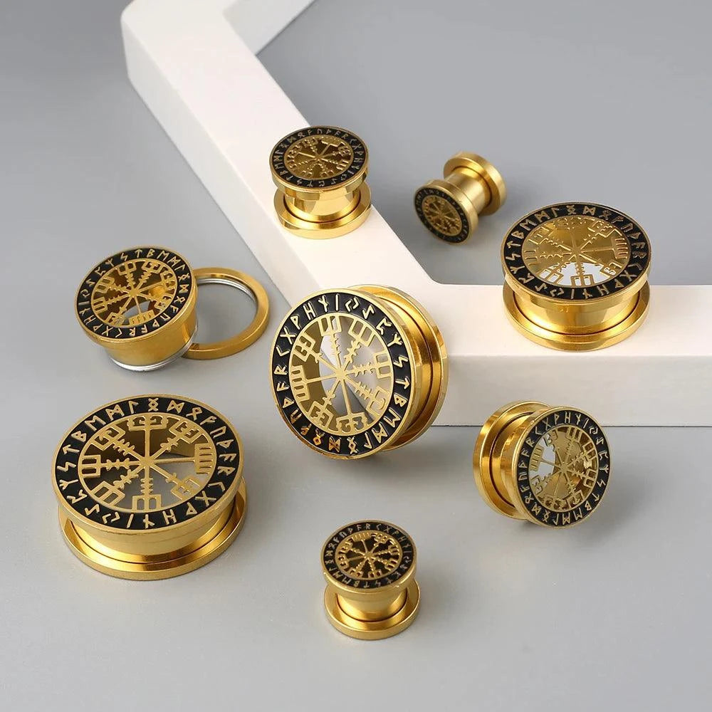 Par de Alargadores - Runa Vegvisir em Aço Inoxidável Brincos Tesouros Vikings