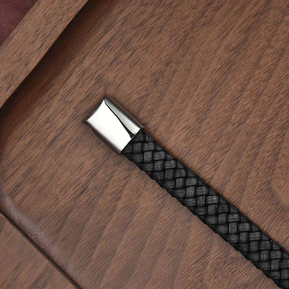 Pulseira Braided Steel – Couro Trançado e Aço Inoxidável Bracelet Tesouros Vikings