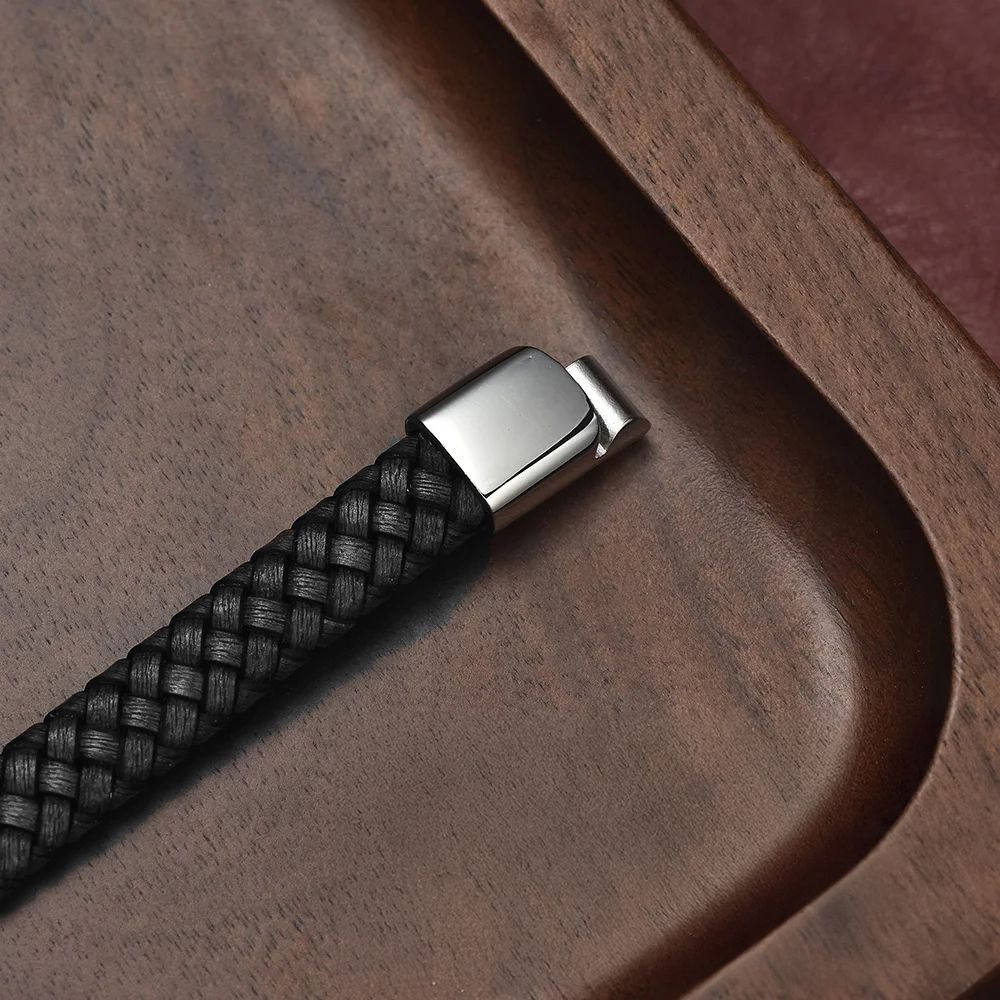 Pulseira Braided Steel – Couro Trançado e Aço Inoxidável Bracelet Tesouros Vikings