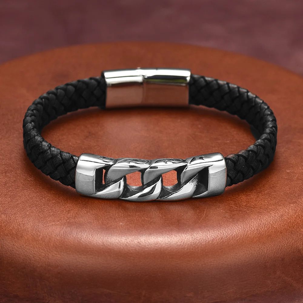 Pulseira Braided Steel – Couro Trançado e Aço Inoxidável Bracelet Tesouros Vikings