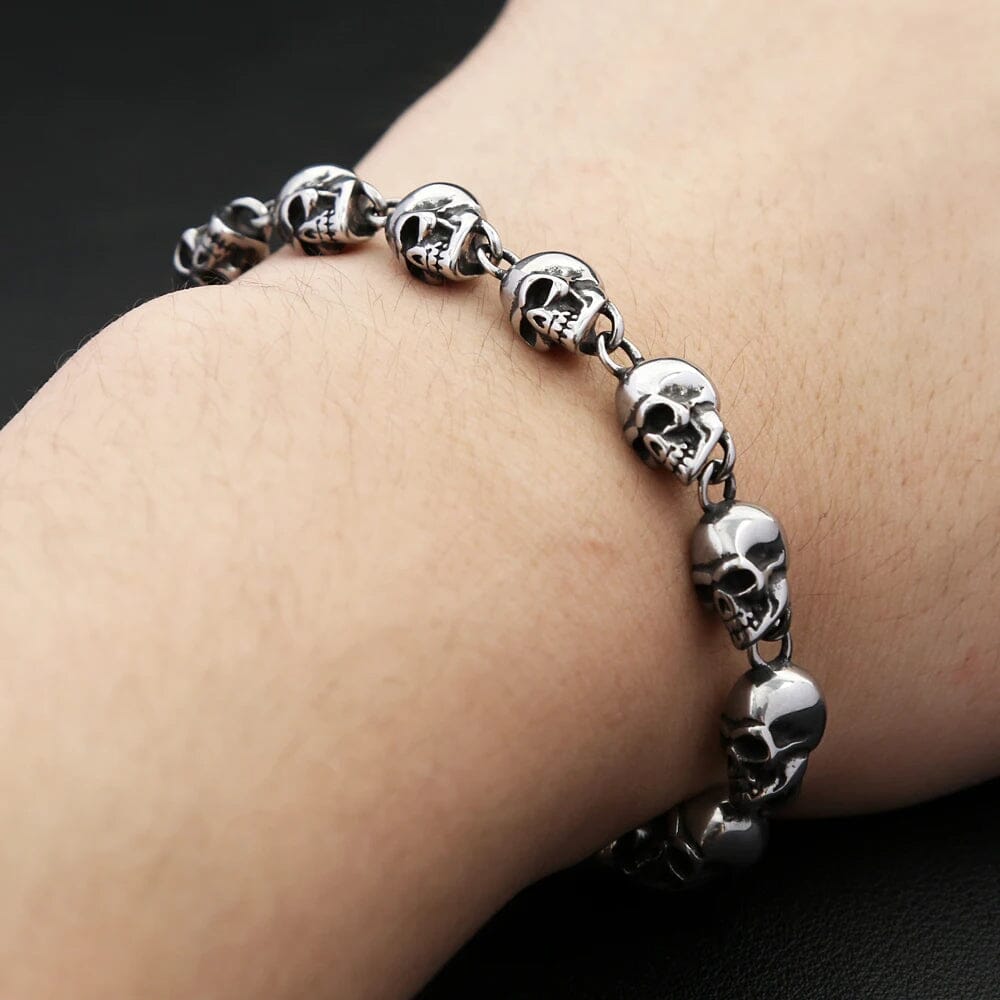 Pulseira de Caveiras Vikings em Aço Inoxidável Bracelet Tesouros Vikings