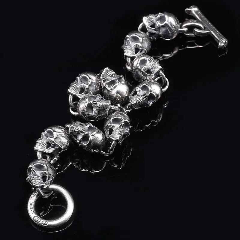 Pulseira de Caveiras Vintage em Prata 925 Bracelet Tesouros Vikings