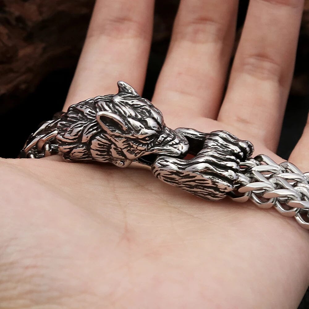 Pulseira de Lobo Nórdico em Aço Inoxidável Bracelet Tesouros Vikings