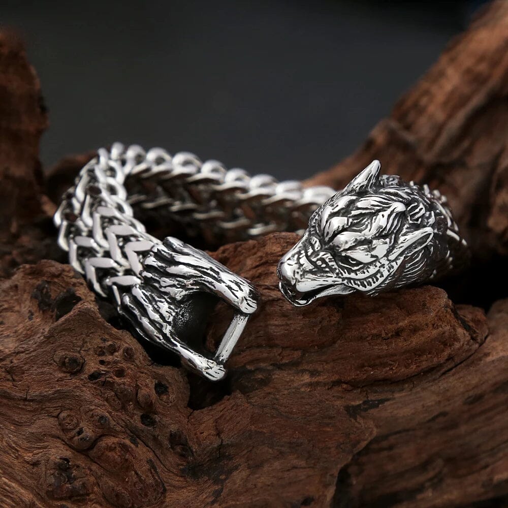 Pulseira de Lobo Nórdico em Aço Inoxidável Bracelet Tesouros Vikings