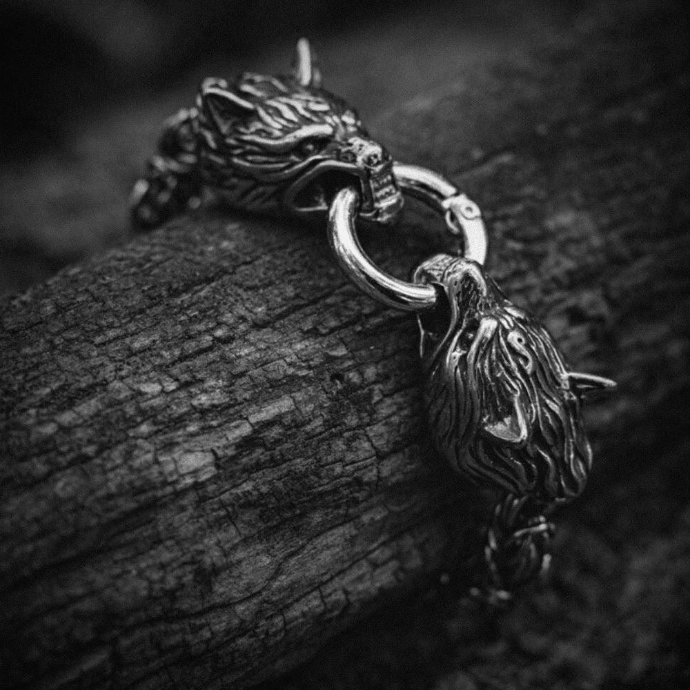Pulseira Lobo Viking em Aço Inoxidável + Porta Joias De Madeira Bracelet Tesouros Vikings