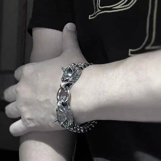 Pulseira Lobo Viking em Aço Inoxidável + Porta Joias De Madeira Bracelet Tesouros Vikings