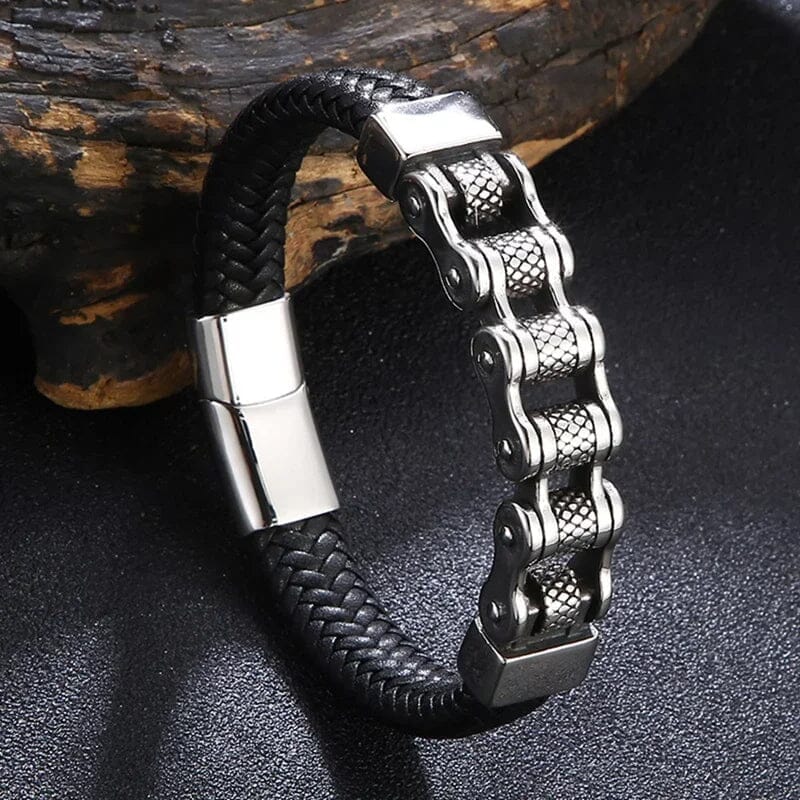 Pulseira Wanderer’s Chain – Couro e Aço Inoxidável Bracelet Tesouros Vikings