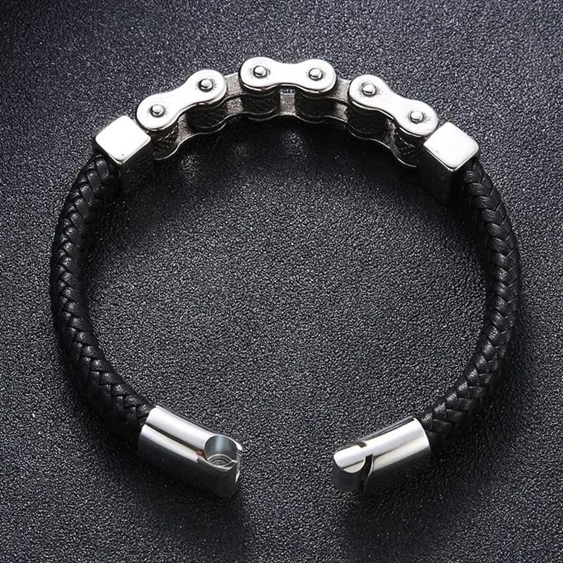 Pulseira Wanderer’s Chain – Couro e Aço Inoxidável Bracelet Tesouros Vikings