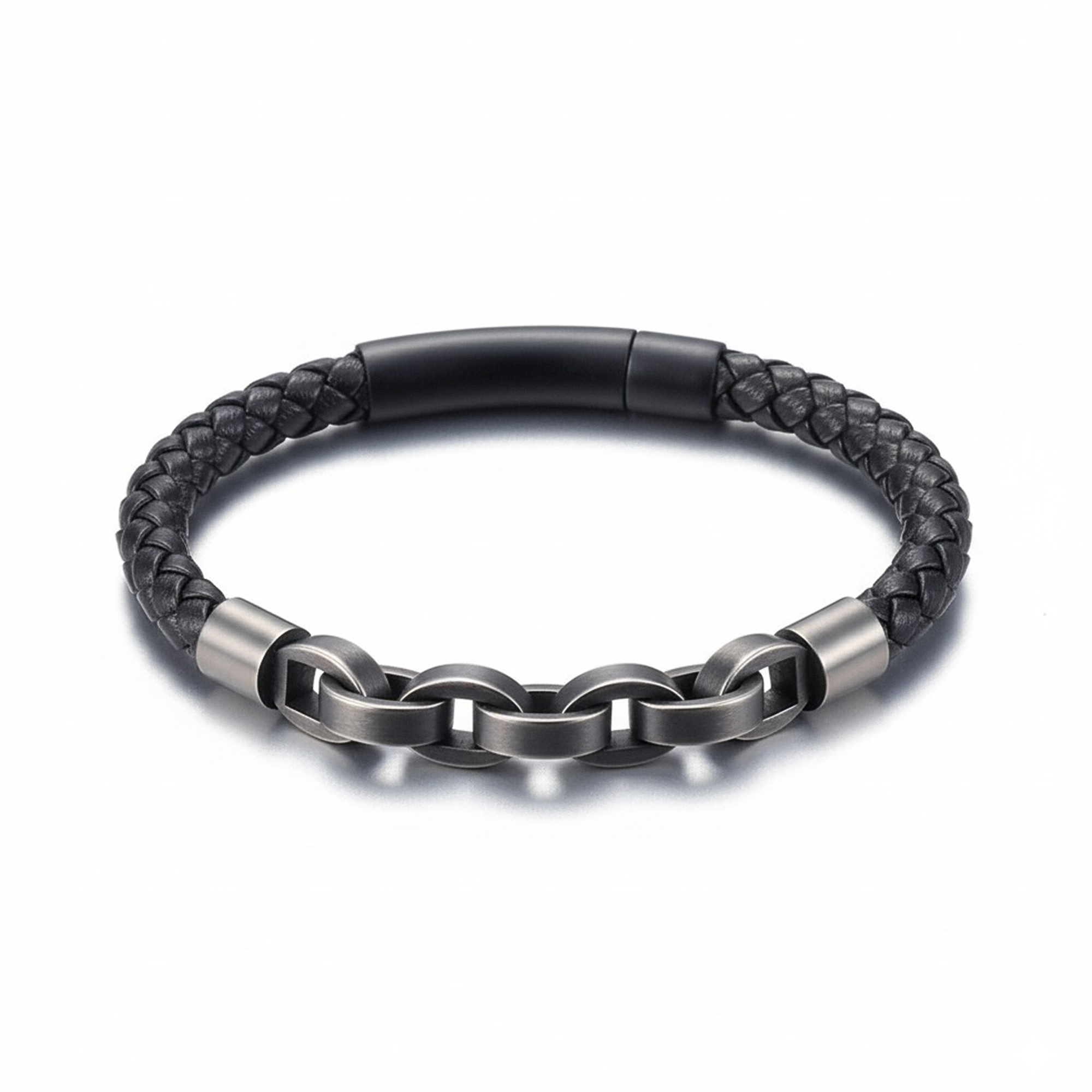 Pulseira de Couro e Correntes em Aço Inoxidável