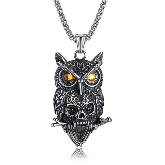 Ancient Owl - Colar de Coruja com Caveira em Aço inoxidável Necklace Tesouros Vikings