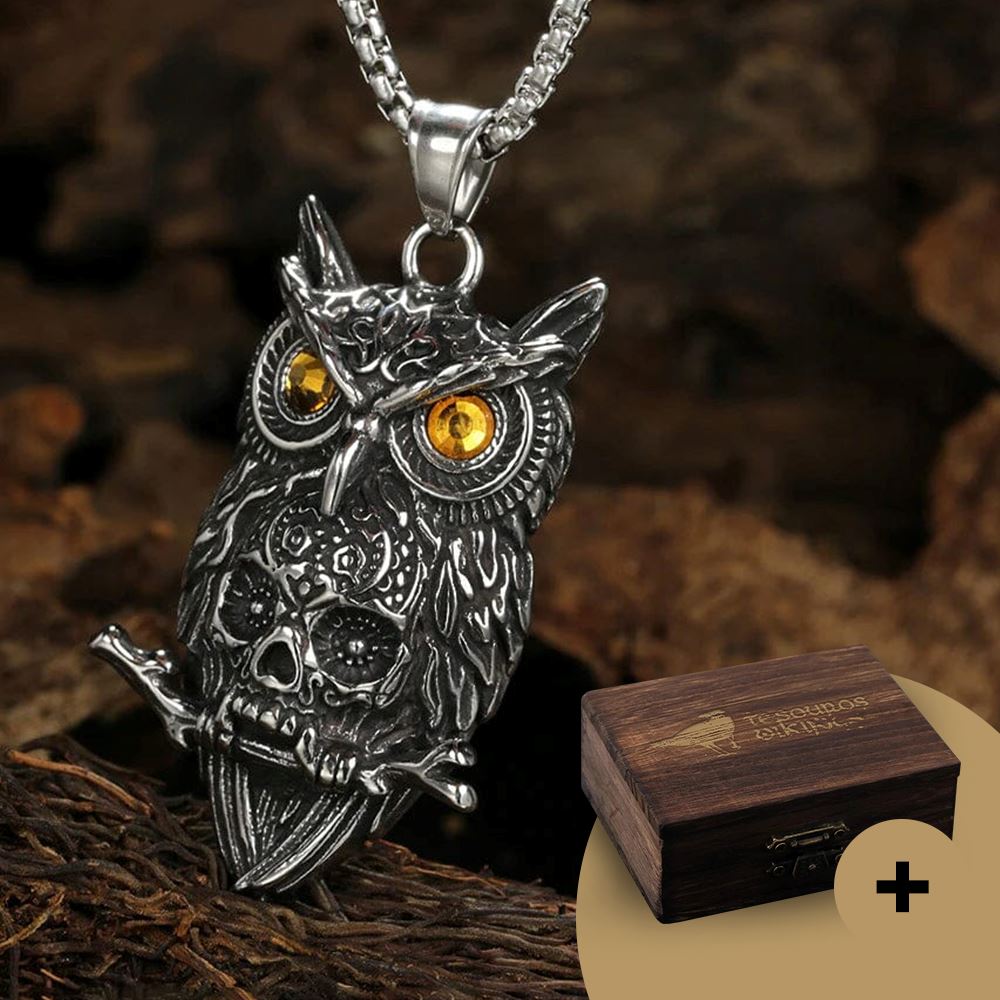 Ancient Owl - Colar de Coruja com Caveira em Aço inoxidável Necklace Tesouros Vikings