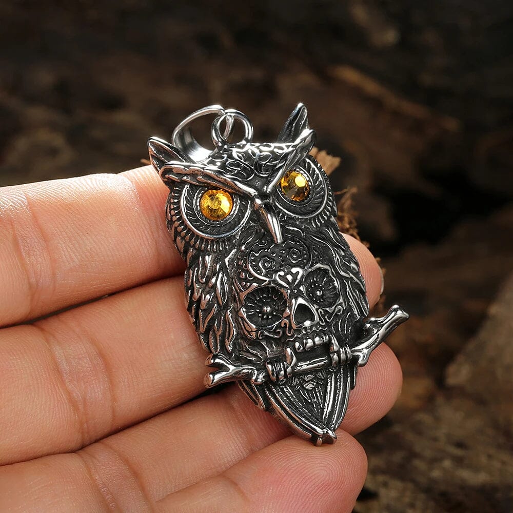 Ancient Owl - Colar de Coruja com Caveira em Aço inoxidável Necklace Tesouros Vikings