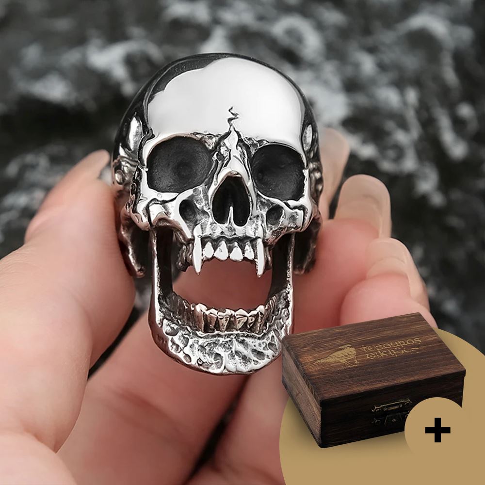 Anel Caveira Viking em Aço Inoxidável Anel Tesouros Vikings
