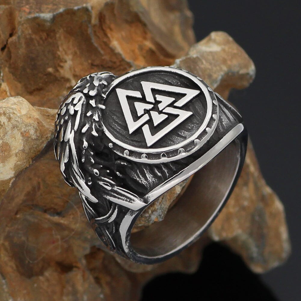 Anel Corvo com Valknut em Aço inoxidável Ring Tesouros Vikings