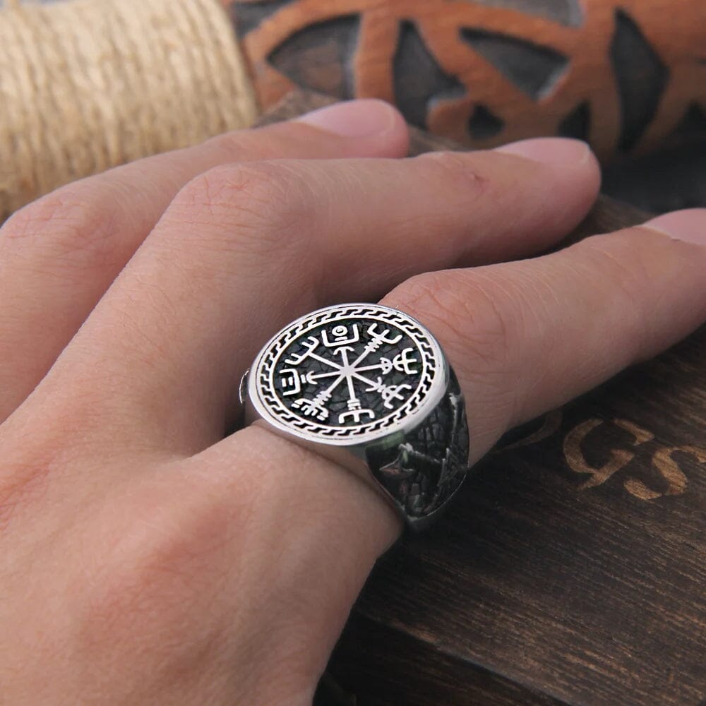 Anel Runa Vegvisir em Aço Inoxidável Anel Tesouros Vikings