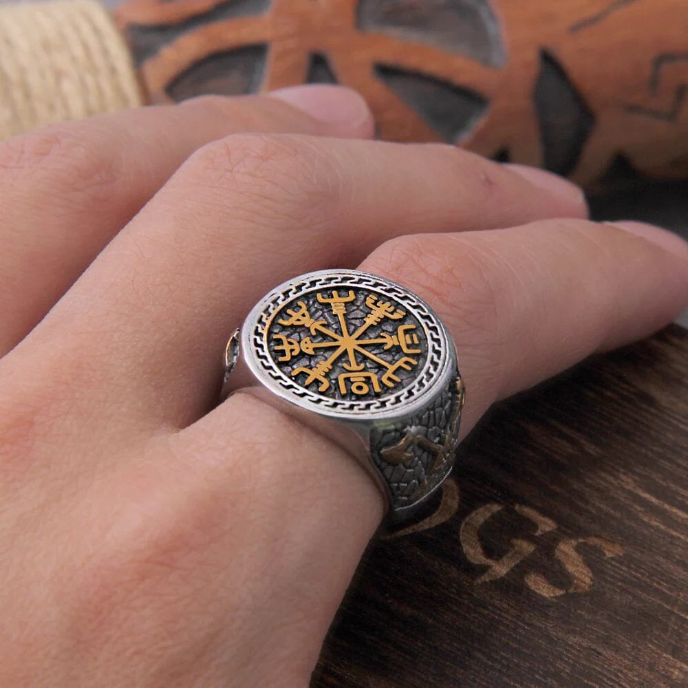Anel Runa Vegvisir em Aço Inoxidável Anel Tesouros Vikings