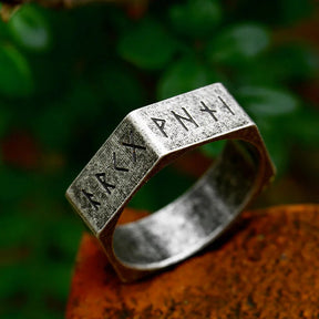 Anel Runas Nórdicas Hexagonal em Aço Inoxidável Ring Tesouros Vikings