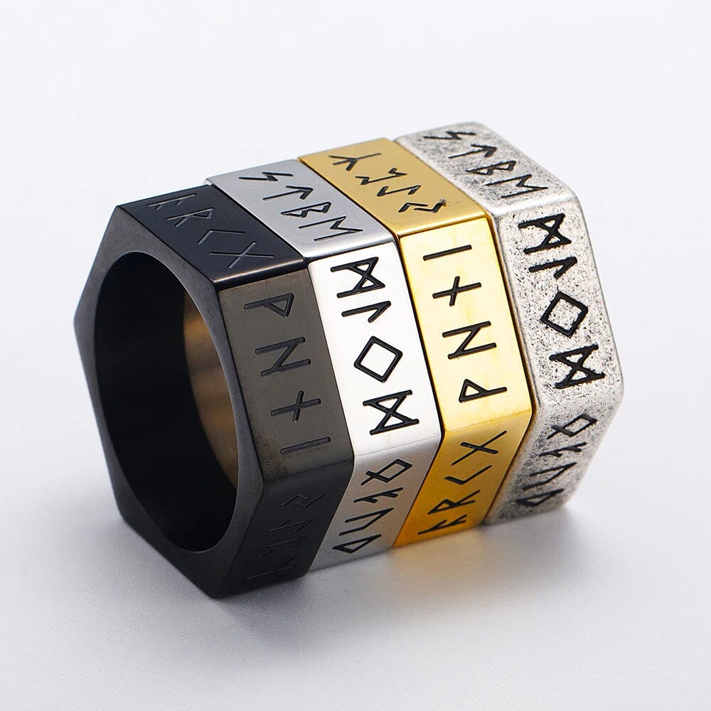 Anel Runas Nórdicas Hexagonal em Aço Inoxidável Ring Tesouros Vikings