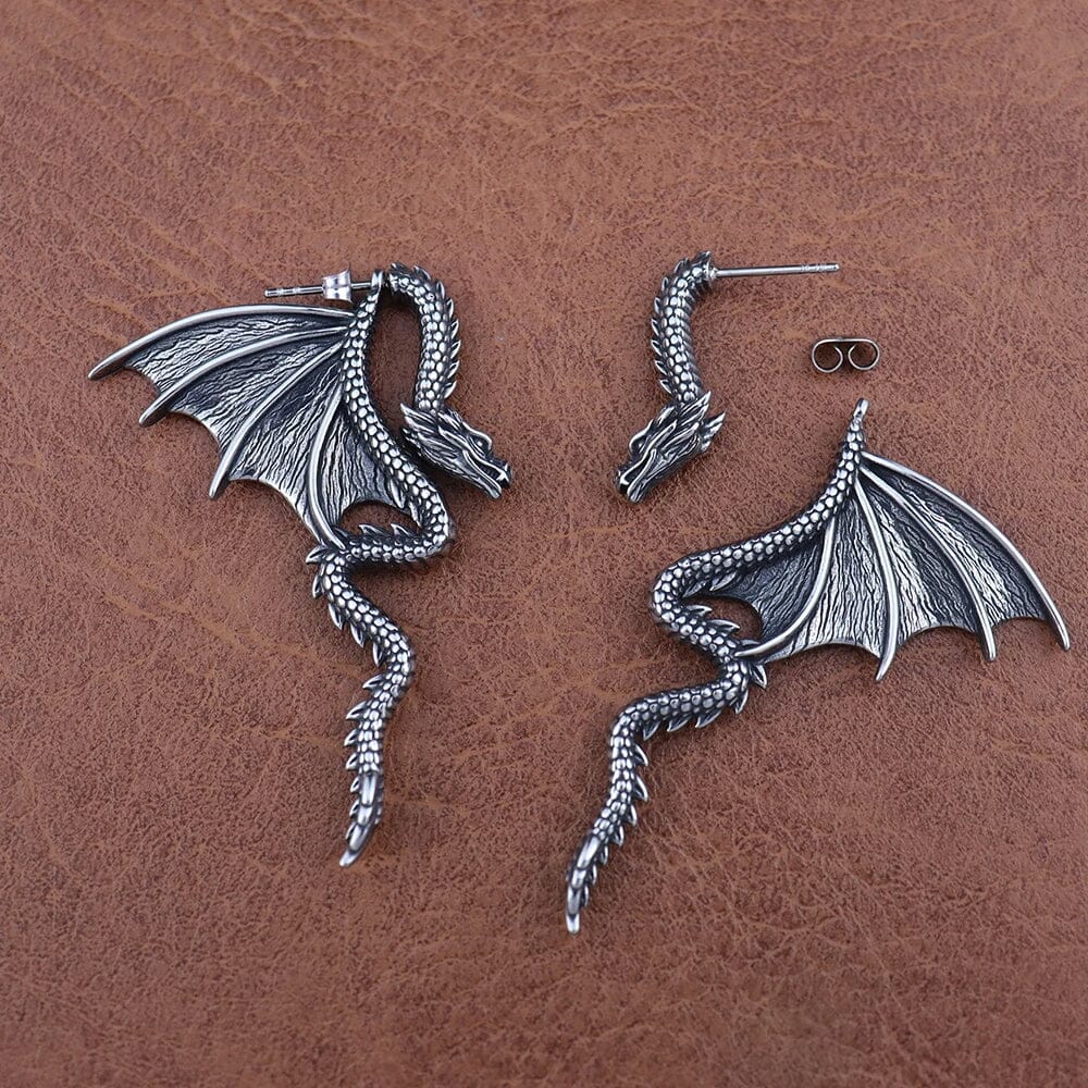 Brincos de Winged Dragon em Aço Inoxidável Brincos de Dragão em Prata 925 Tesouros Vikings