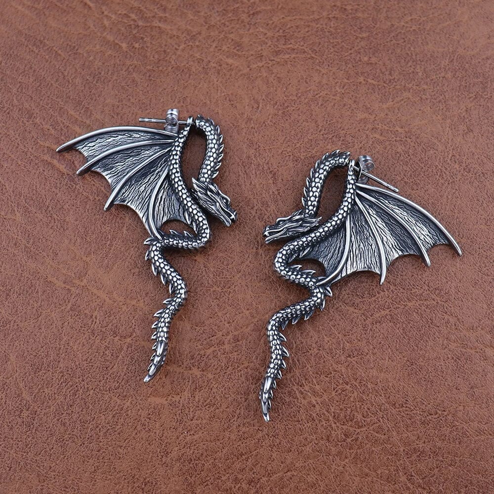 Brincos de Winged Dragon em Aço Inoxidável Brincos de Dragão em Prata 925 Tesouros Vikings