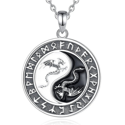 Colar de Dragão Yin-Yang com Runas em Prata 925 Necklace Tesouros Vikings