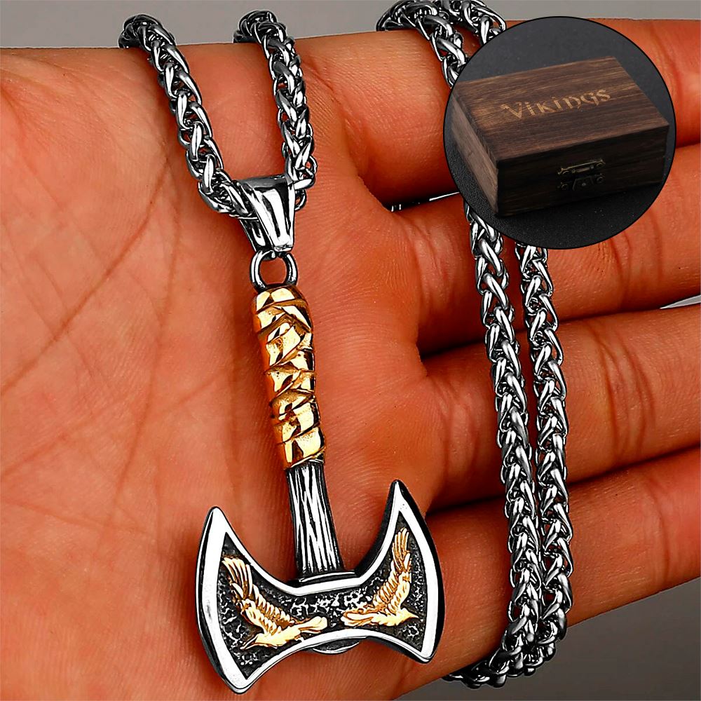 Colar de Machado Duplo em Aço Inoxidável Necklace Tesouros Vikings