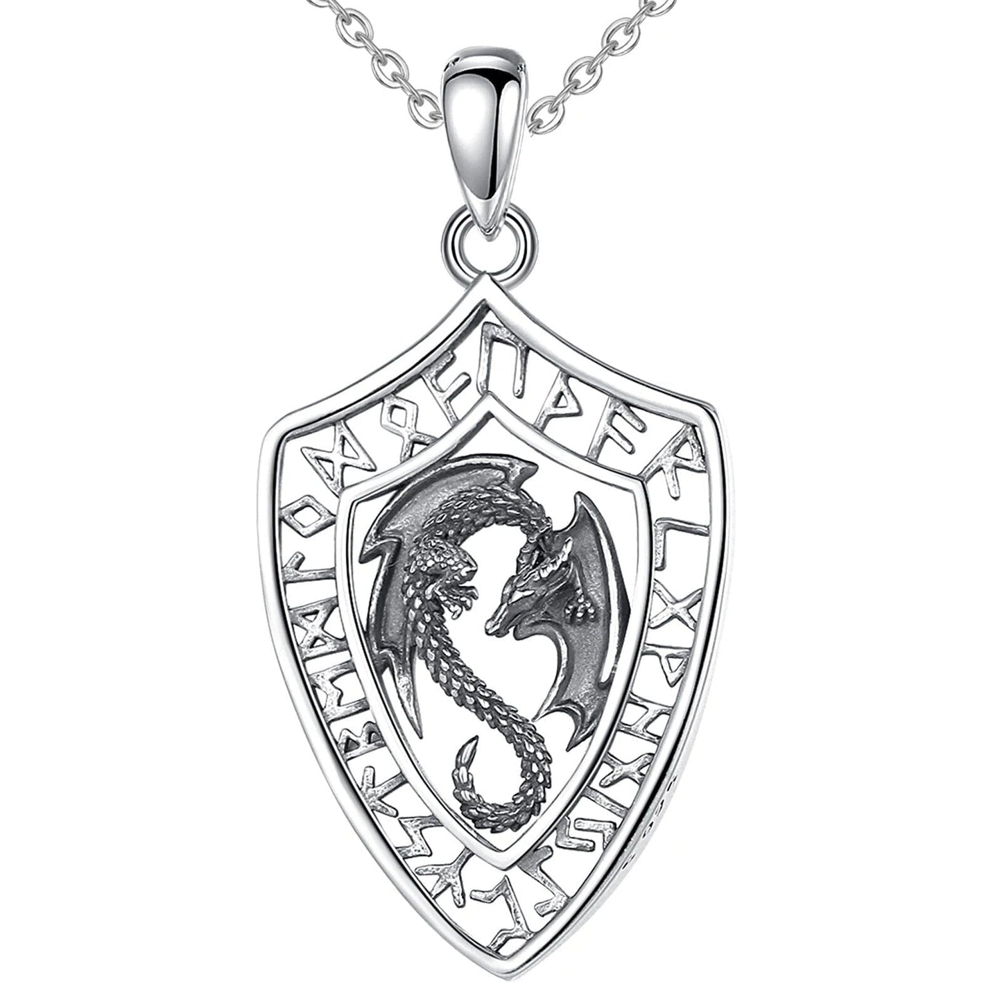 Colar Dragon Shield com Runas em Prata 925 Necklace Tesouros Vikings