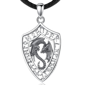 Colar Dragon Shield com Runas em Prata 925 Necklace Tesouros Vikings