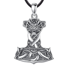 Colar Lobo com Mjolnir em Prata 925 Necklace Tesouros Vikings