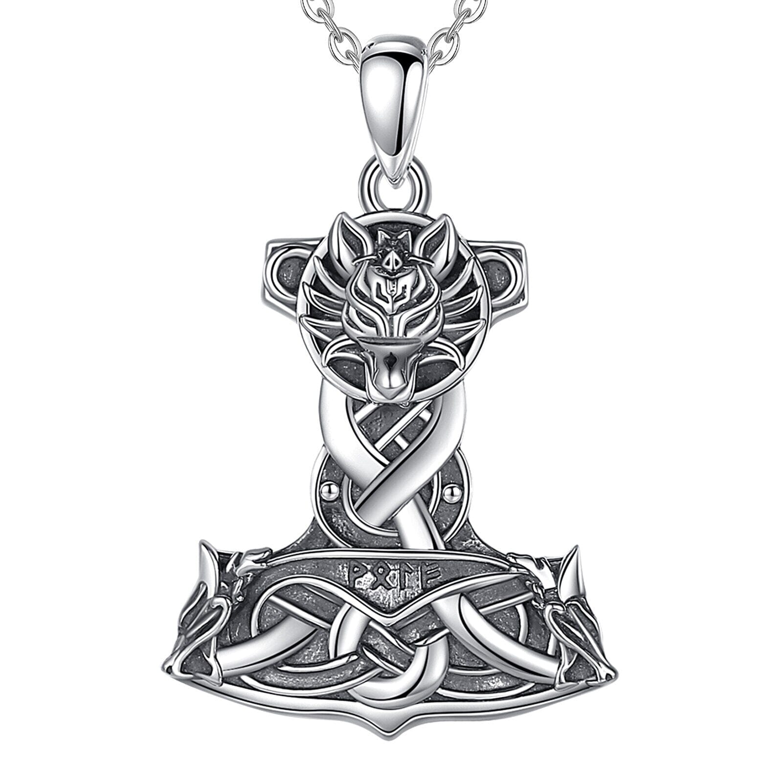 Colar Lobo com Mjolnir em Prata 925 Necklace Tesouros Vikings