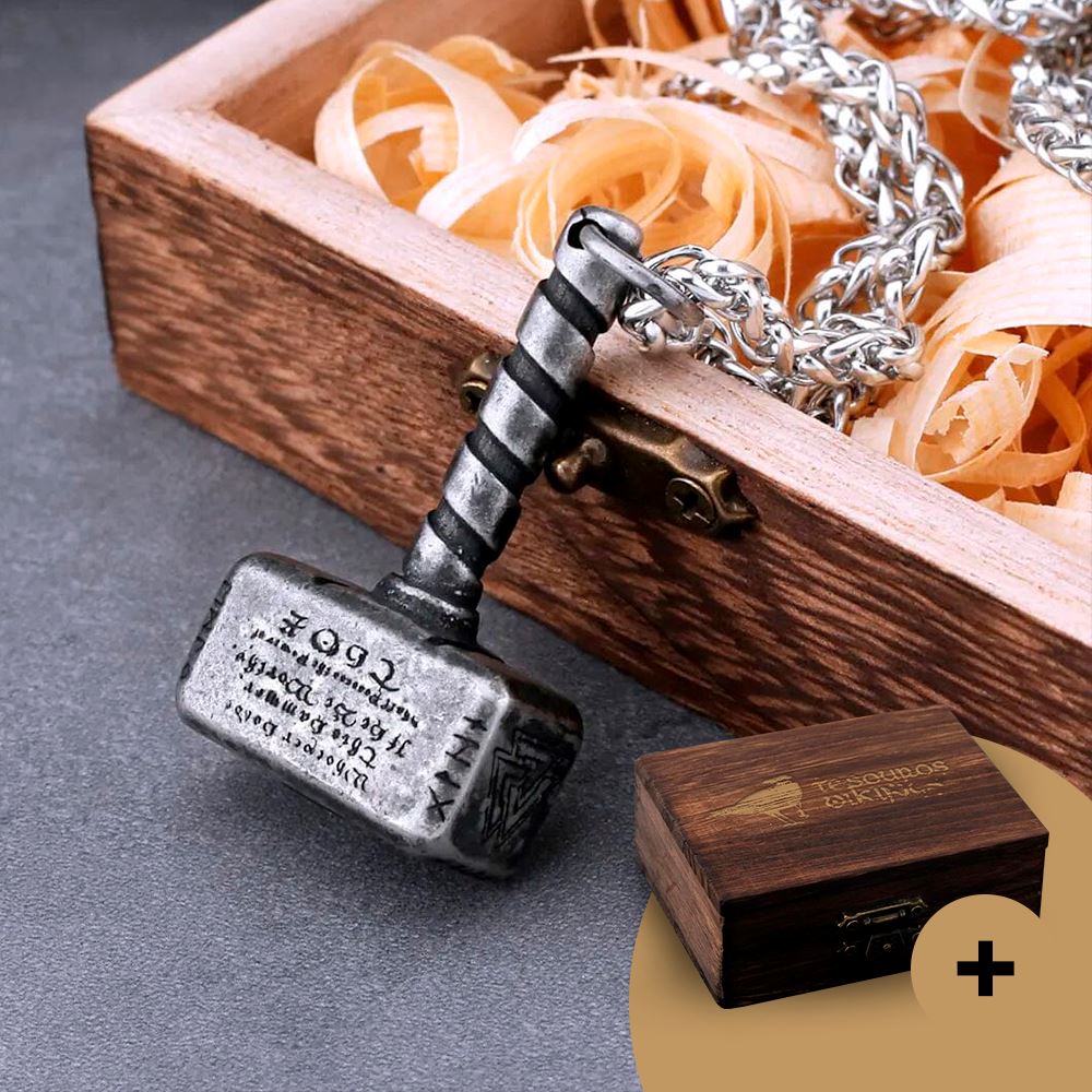 Colar Martelo Mjolnir em Aço Inoxidável Necklace Tesouros Vikings